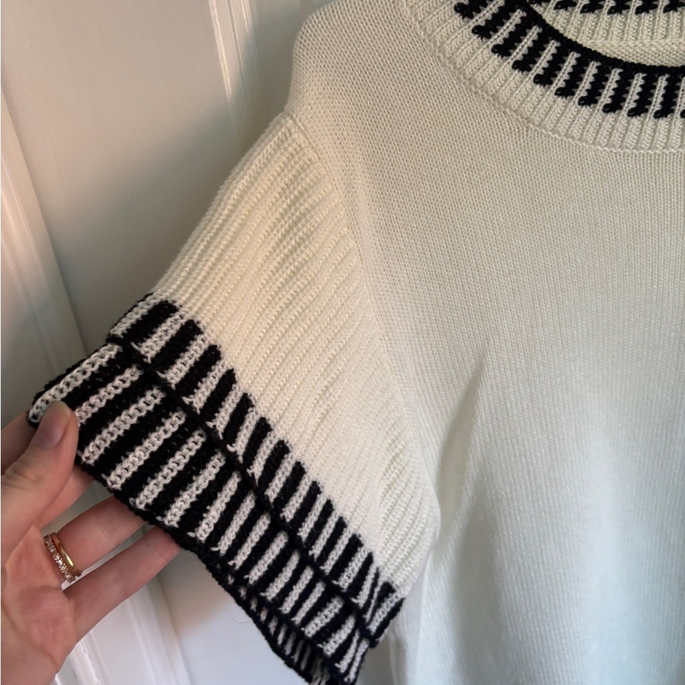 Striped Trim Ruffle White Sweater Blouse Women’s Large Preppy Elegant Girly - Picture 3 of 4